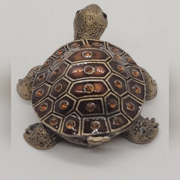 Turtle Enamel Topaz Rhinestone Brass Hinged Pill Trinket Box Vintage Tortoise - Picture 13 of 13